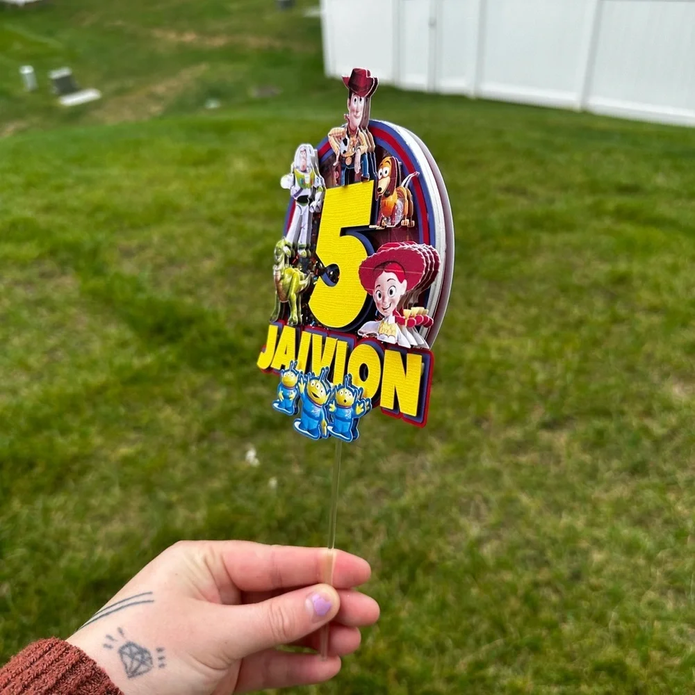 Handmade 3D Toy Story Cake Topper – Custom Name & Age – Shaker + Light-Up